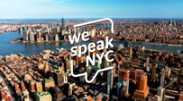 We Speak NYC logo on background of Manhattan aerial view